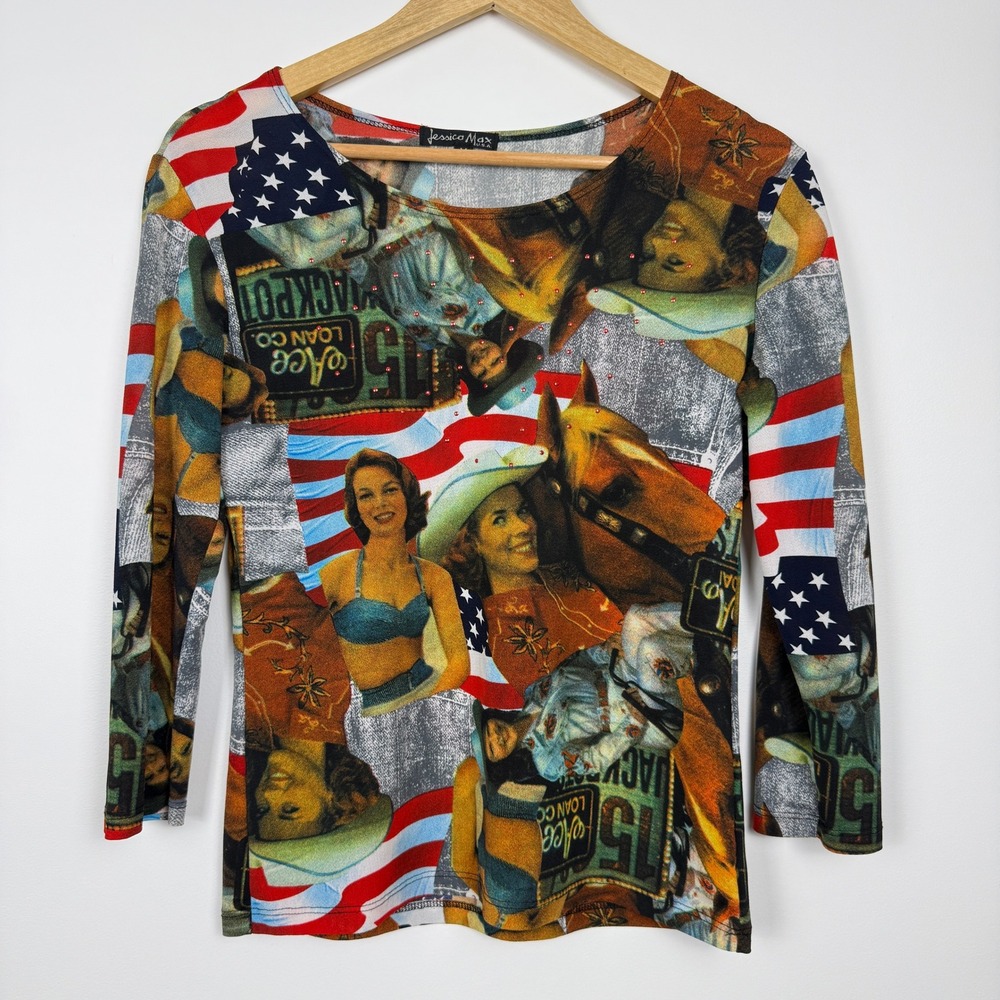 Vintage Jessica Max Semi Sheer Cowgirl Americana Print Top Womens Medium Western